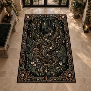 Gothic Snake Area Rug, Moonlit Botanical Forest with Mushrooms and Vines