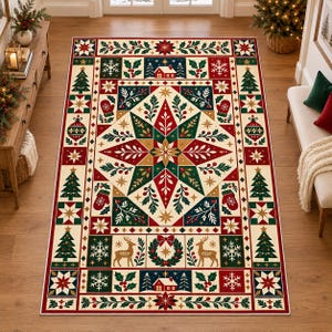 Christmas Quilt Star Rug, Patchwork Holly Mittens and Reindeer Holiday Design