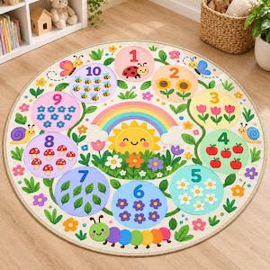 May include: A round area rug featuring a colorful educational design with numbers one through ten. Each number is displayed in a circle alongside corresponding illustrations of ladybugs, sunflowers, tulips, apples, daisies, flowers, leaves, mushrooms, blue flowers, and bees.
