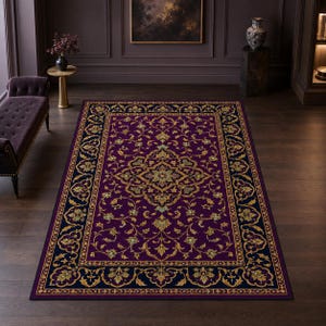 Purple Ornamental Rug, Gold Floral Carpet, Moody Classic Decor
