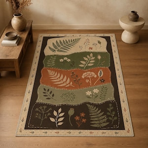 Botanical Patchwork Rug, Earth Tone Floral Carpet, Cottagecore Decor