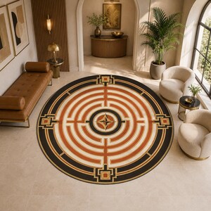 May include: A large circular area rug featuring a geometric labyrinth pattern in shades of burnt orange, cream, and black. The design includes concentric circles intersected by straight lines and square accents, centered around a four-pointed star motif.