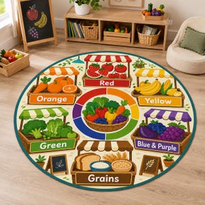 May include: A round educational rug featuring a colorful food group design. It displays sections for red, orange, yellow, green, blue, purple, and grains, each with illustrated produce, market stalls, and labels in English text on a light background.