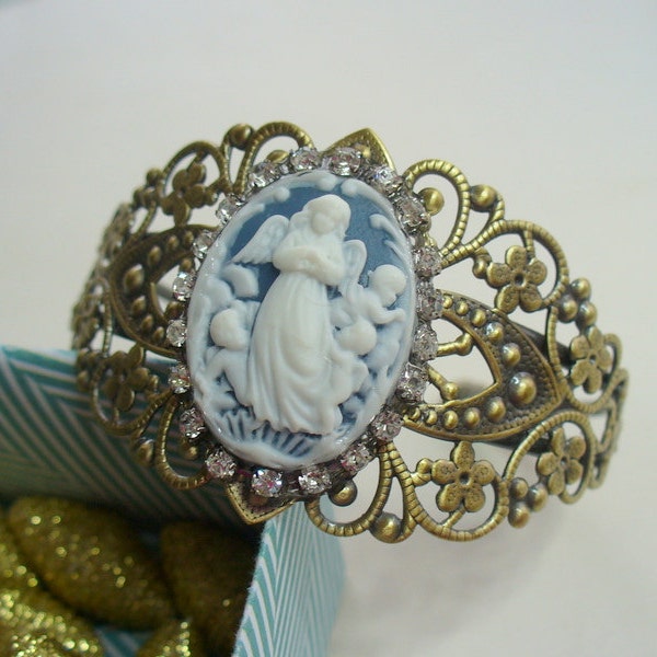 Cuff Bracelet, Angel and Cherub Cuff, Blue and White Cameo, Metal Filigree Cuff Bracelet, Antique Brass with Gold Tone Wash, Bangles