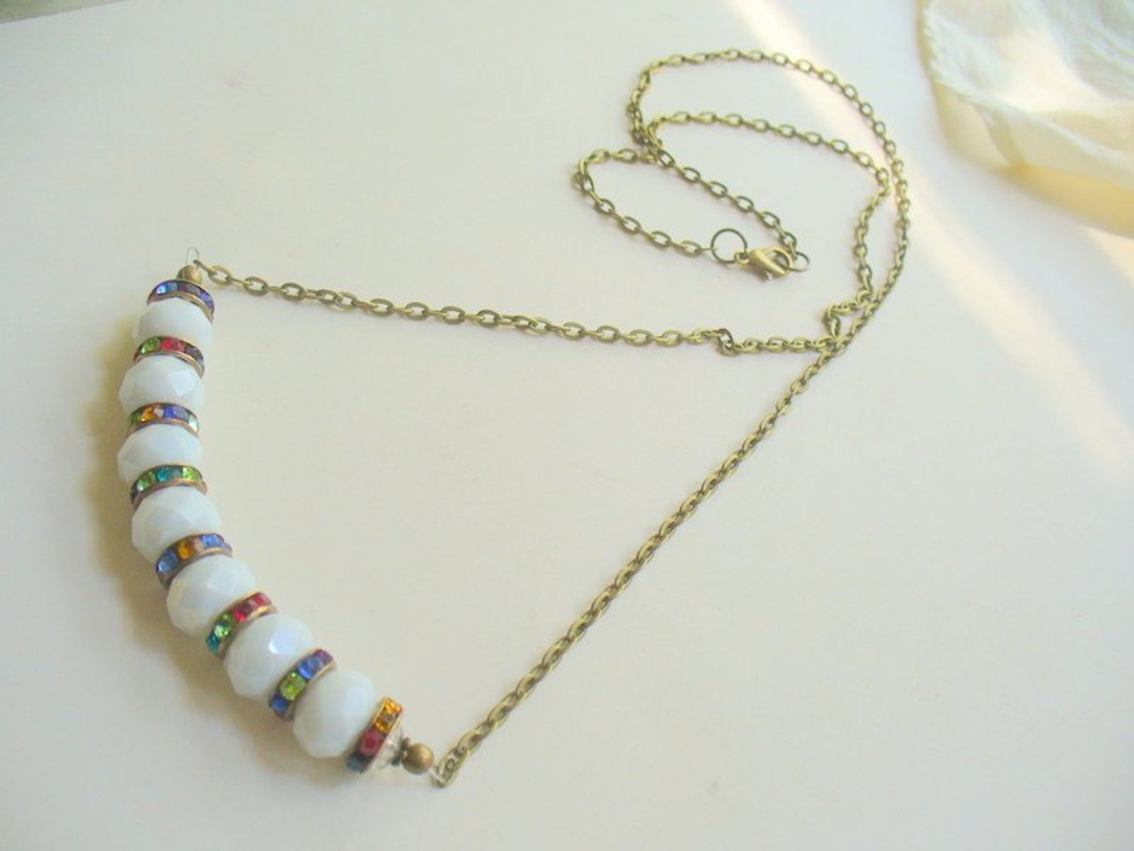 Multi Color White Bead Chain Necklace Rainbow Necklace Etsy