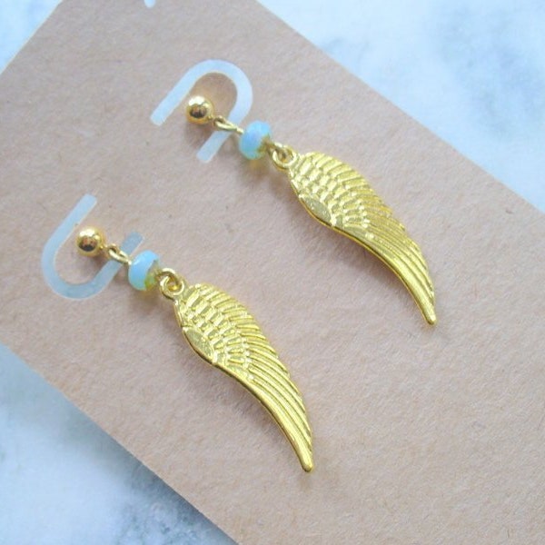 Angel Wing Earring, Gold Angel Earring, Angel Jewelry, Angel Wing Jewelry, Gold Post Earring, Seafoam Blue, Wedding Earring, Bridesmaid Gift