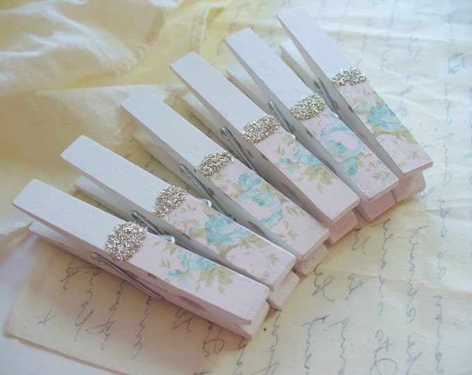 White Decorative Clothes Pins, Blue Floral Design, Peg, Large Clothes