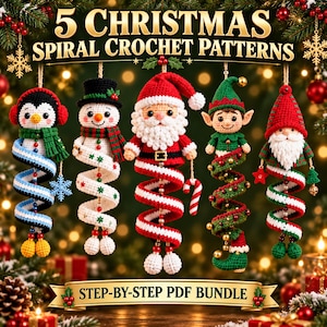 May include: Five Christmas spiral crochet patterns featuring a penguin, snowman, Santa Claus, elf, and gnome. Each character has a spiraling body and is displayed with the text 5 CHRISTMAS SPIRAL CROCHET PATTERNS and STEP-BY-STEP PDF BUNDLE.