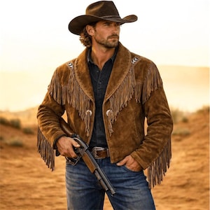 Veste à franges en daim pour homme | Manteau western à franges | Veste de cowboy à franges | Manteau long à franges en daim | Manteau western long | Veste bohème à franges pour homme