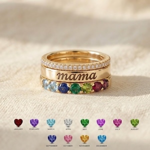 Personalized Mama Stacking Ring Set / Engraved Script Name Band with Rainbow Birthstone Ring / Customized 3 Piece Mothers Jewelry Gift Her