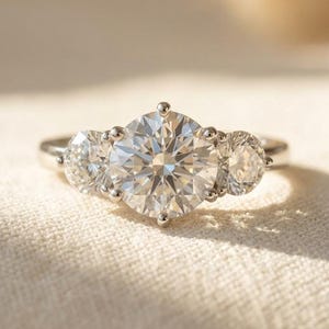 May include: A three-stone ring featuring a large, round-cut center diamond flanked by two smaller, round-cut diamonds. The stones are set in a polished silver-toned metal band with visible prongs securing each of the three clear, faceted gemstones.
