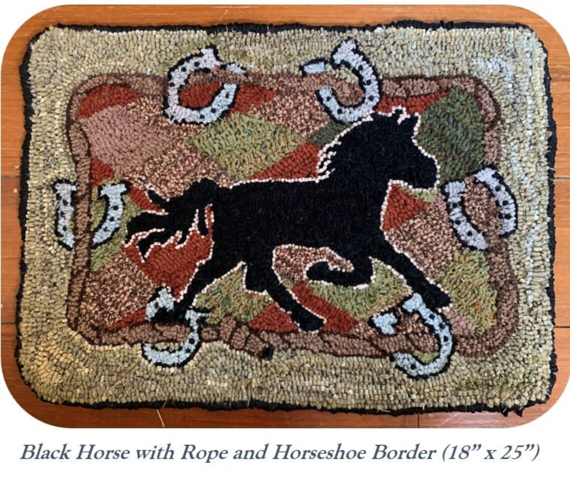Black Horse With Horseshoe Border Hand Hooked Wool Rug Etsy