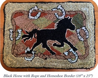 Black Horse with Horseshoe Border - Hand Hooked Wool Rug