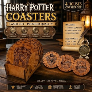 May include: A set of four circular wooden coasters featuring laser-cut designs of the four Harry Potter houses: Slytherin, Ravenclaw, Hufflepuff, and Gryffindor. The coasters are displayed with a wooden holder, and the image includes text detailing file formats like CDR, DXF, SVG, and PDF for digital download.