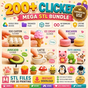 Puede incluir: Un anuncio digital para un paquete de más de 200 archivos STL de juguetes tipo clicker para impresión 3D. La imagen muestra varios diseños de juguetes en miniatura, incluyendo un cartón de huevos, helado, macaron, aguacate, café y animales.