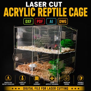 Può includere: Una teca per rettili in acrilico trasparente a due livelli, con fessure di ventilazione tagliate al laser, cerniere trasparenti e design modulare. Il testo recita LASER CUT ACRYLIC REPTILE CAGE, DXF, PDF, AI, DWG, DIGITAL FILE INSTANT DOWNLOAD, LASER CUT READY, EASY ASSEMBLY, 2.8mm ACRYLIC THICKNESS, MODULAR DESIGN, DURABLE & STURDY, DIGITAL FILE FOR LASER CUTTING.