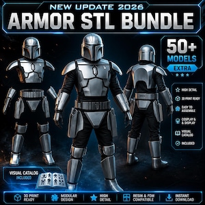Può includere: Una collezione digitale di file di armatura stampabili in 3D intitolata NEW UPDATE 2026 ARMOR STL BUNDLE. L'immagine mostra un'armatura metallica argentata in viste frontali, posteriori e a pezzi separati, con un catalogo visivo e 50+ modelli.