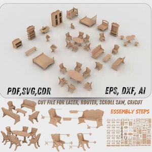 May include: A collection of miniature wooden furniture pieces for dollhouses, including tables, chairs, beds, and cabinets. The image displays digital cut files labelled PDF, SVG, CDR, EPS, DXF, AI, and includes assembly steps for laser, router, scroll saw, and Cricut.
