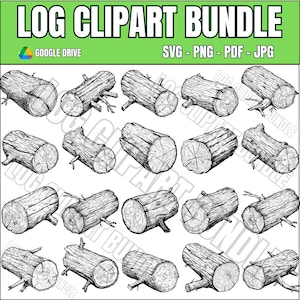 May include: A digital collection of black and white line art illustrations featuring various wooden logs. The graphic set includes twenty distinct log designs with visible bark textures and cross-section rings, labelled as LOG CLIPART BUNDLE.