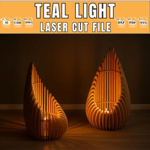 Könnte beinhalten: Zwei tropfenförmige Kerzenhalter aus Holz mit vertikalen Lamellen, die jeweils eine brennende Kerze enthalten. Der Text oben lautet TEAL LIGHT LASER CUT FILE, mit Symbolen für die Dateiformate AI, CDR, DWG, DXF, PDF und SVG im Kopfbereich.