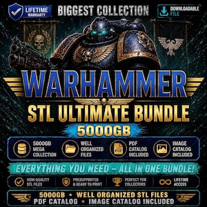 Könnte beinhalten: Ein digitales Warhammer STL-Paket mit einem dunkelblauen gepanzerten Space Marine mit leuchtenden Augen. Die Grafik enthält Text mit Angaben zu 5000GB Mega-Sammlung, gut organisierten Dateien, PDF- und Bildkatalogen sowie lebenslangem Zugriff.