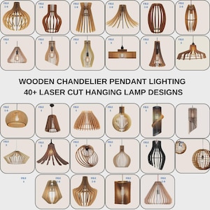 Peut inclure: Une collection de suspensions en bois comprenant plus de 40 modèles de lampes suspendues découpées au laser dans diverses formes et tons bruns. L'image présente plusieurs luminaires disposés en grille avec le texte WOODEN CHANDELIER PENDANT LIGHTING 40+ LASER CUT HANGING LAMP DESIGNS.