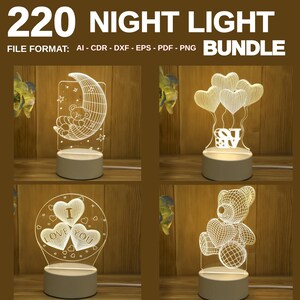 220 3D Illusion Lamp SVG Bundle, Acrylic LED Night Light Designs, Laser Cut Files, CNC Router Patterns, Dxf Ai Cdr Eps Pdf Png