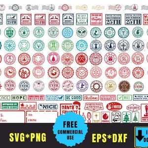 May include: A collection of digital Christmas-themed stamps and labels in red, green, blue, and black. The designs include circular and rectangular shapes featuring text like 'Merry Christmas', 'North Pole', 'Santa's Favorite', and 'Naughty List'.