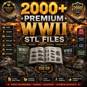 May include: A digital collection of 2000+ premium WWII STL files for 3D printing, featuring tanks, soldiers, vehicles, artillery, terrain, and buildings. The package includes a 350 GB total size, organized categories, and high-quality models.