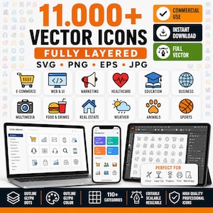 May include: A digital collection of 11,000+ vector icons in SVG, PNG, EPS, and JPG formats. The display features a laptop, smartphone, and tablet showing various colorful icons categorized by e-commerce, marketing, and business themes.