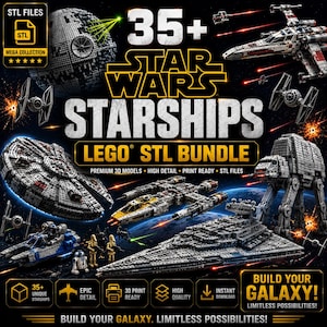 Puede incluir: Una colección digital de más de 35 naves espaciales de Star Wars estilo LEGO, con archivos STL imprimibles en 3D. La imagen muestra varias naves icónicas, incluyendo la Estrella de la Muerte, el X-wing, el Halcón Milenario y un caminante AT-AT.