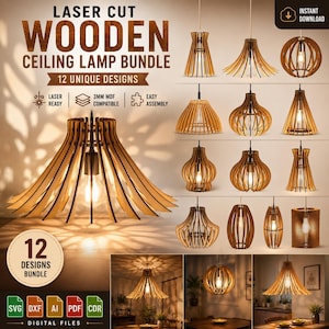 Puede incluir: Un paquete digital de 12 diseños de lámparas de techo de madera cortadas con láser. La colección presenta varias formas geométricas y orgánicas construidas en MDF de 3 mm, incluyendo lámparas colgantes esféricas, cónicas y de campana.