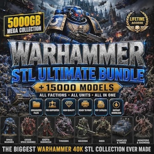 Könnte beinhalten: Ein digitales Warhammer 40K STL-Gesamtpaket mit 15.000 Modellen aller Fraktionen. Die Grafik zeigt einen blauen Space Marine, den Text 5000GB Mega Collection, lebenslangen Zugriff sowie Symbole für organisierte Dateien und vorunterstützte Modelle.