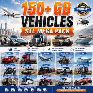 Op de afbeelding: Een digitale collectie getiteld 150+ GB VEHICLES STL MEGA PACK met diverse 3D-printbare modellen, waaronder auto's, vrachtwagens, vliegtuigen, helikopters, schepen, motorfietsen, tanks, treinen, pick-ups, aanhangers, bussen, quadbikes en F1-raceauto's.