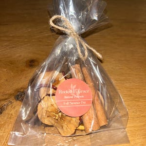 Op de afbeelding: Een doorzichtige plastic zak dichtgebonden met touw, gevuld met gedroogde appelschijfjes en kaneelstokjes. Een rond oranje etiket op de voorzijde bevat de witte tekst Rooted In Grace Natural Products Fall Simmer Pot in het midden.