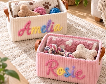 Personalized Pet Toy Storage Basket, Custom Dog Toy Bin, Corduroy Organizer with Name