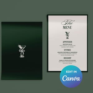 Könnte beinhalten: Ein dunkelgrüner Menüeinband mit einer weißen Strichzeichnung eines Martiniglases mit Schleife, neben einer weißen Menükarte mit schwarzem Text, der Vorspeisen, Hauptgerichte und Desserts wie Meeresfrüchtesalat, Pilze und Mousse auflistet.