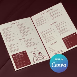 Könnte beinhalten: Eine gefaltete Restaurant-Speisekarte auf cremefarbenem Papier mit dunkelroten Akzenten. Die Karte enthält Abschnitte für Antipasti, Salads, Soup, Pasta & Risotto, Main Dish, Special Cuts und Dessert sowie eine Strichzeichnung von zwei Personen.