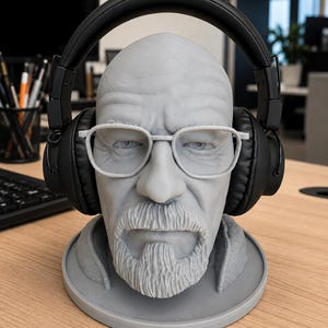 Op de afbeelding: Een grijs 3D-geprint borstbeeld van een kale man met een sikje, voorzien van een wit montuur bril en een zwarte koptelefoon. Het beeldhouwwerk toont gedetailleerde gelaatstrekken, waaronder gefronste wenkbrauwen en een textuurrijke baard op voet.
