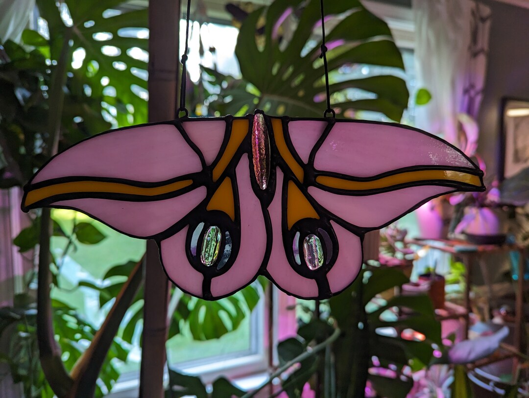 Rosy Maple Moth Stained Glass Sun Catcher Pink Glass With - Etsy