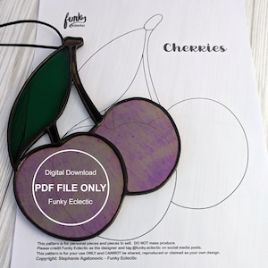 May include: A stained glass pattern of two cherries with green leaves and a black outline. The pattern is on a white background with the text "Cherries" and "Digital Download PDF FILE ONLY Funky Eclectic".