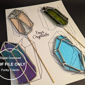 May include: Four stained glass crystal shapes on sticks, with a digital download PDF file label. The crystals are in shades of pink, green, blue, and purple.