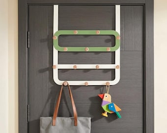 Extra Long Over Door Hook Rack for Kids Backpacks, 14 Wooden Ball Hooks, Low Reach Coat Hanger for Nursery, Bedroom & Bathroom