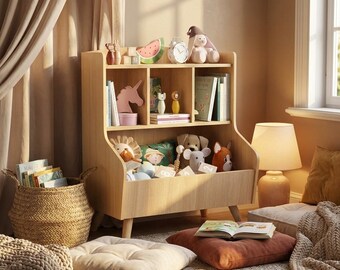 Montessori Kids Bookshelf & Toy Storage Organizer, 3-Tier Wooden Bookcase with Top Display Shelf, Nursery Book and Toy Rack