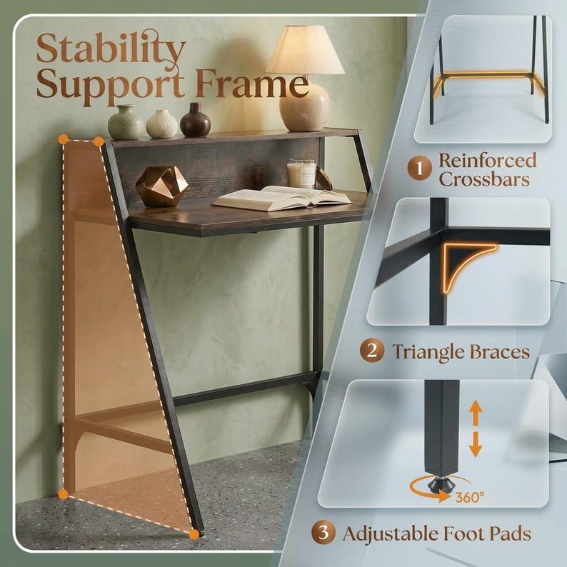 May include: A dark wood desk with a black metal frame featuring a Stability Support Frame, reinforced crossbars, triangle braces, and adjustable foot pads. The desk surface holds an open book, a geometric object, and a small candle.