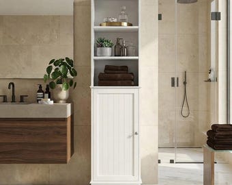 Slim Freestanding Bathroom Cabinet, White Linen Tower with Door & Shelves, Adjustable Shelf for Towels, Toiletries and Laundry