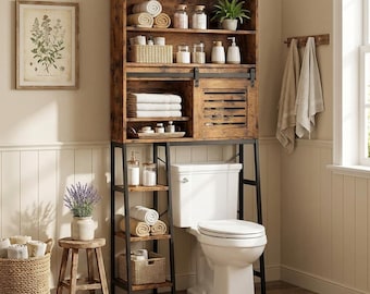 Over Toilet Bathroom Storage Cabinet, Farmhouse Organizer with Sliding Door, 5-Tier Shelves, Freestanding Space Saver