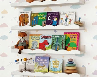 Scalloped Nursery Bookshelves 4pc, Floating Wall Shelves with Towel Rack, Kids Room Storage & Kitchen Storage, Home Decor
