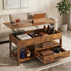 May include: A rectangular lift-top coffee table with a rustic brown wood grain finish. The table features an elevated top surface, an open storage compartment containing books and glasses, a lower shelf, and a pull-out drawer with a black handle.