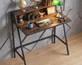 Compact Computer Desk with Elevated Display Shelf, Industrial Writing Desk, Heavy-Duty Metal Frame, Small Study Workstation